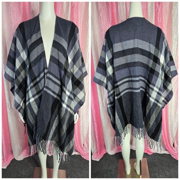 Banana Republic Cashmere Wool Blue Plaid Fringe Poncho Wrap Shawl One Size - Picture 1 of 10